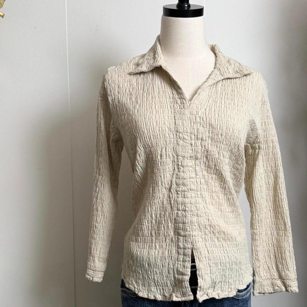 Vintage Faded Glory Oatmeal Cream Textured Accordion Blouse 3/4 Sleeve L 12/14